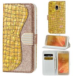 Glitter Diamond Buckle Laser Stitching Leather Wallet Phone Case for Samsung Galaxy J4 (2018) SM-J400F - Gold