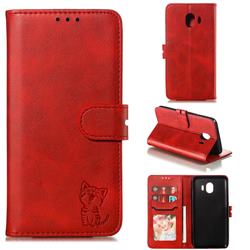 Embossing Happy Cat Leather Wallet Case for Samsung Galaxy J4 (2018) SM-J400F - Red