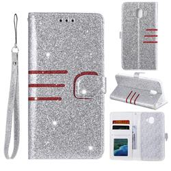 Retro Stitching Glitter Leather Wallet Phone Case for Samsung Galaxy J4 (2018) SM-J400F - Silver