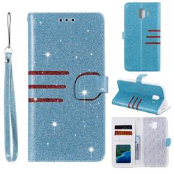 Retro Stitching Glitter Leather Wallet Phone Case for Samsung Galaxy J4 (2018) SM-J400F - Blue