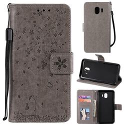 Embossing Cherry Blossom Cat Leather Wallet Case for Samsung Galaxy J4 (2018) SM-J400F - Gray