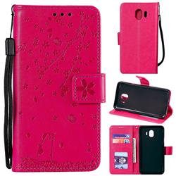 Embossing Cherry Blossom Cat Leather Wallet Case for Samsung Galaxy J4 (2018) SM-J400F - Rose