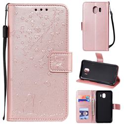 Embossing Cherry Blossom Cat Leather Wallet Case for Samsung Galaxy J4 (2018) SM-J400F - Rose Gold