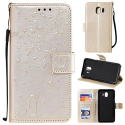 Embossing Cherry Blossom Cat Leather Wallet Case for Samsung Galaxy J4 (2018) SM-J400F - Golden