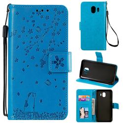 Embossing Cherry Blossom Cat Leather Wallet Case for Samsung Galaxy J4 (2018) SM-J400F - Blue