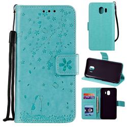 Embossing Cherry Blossom Cat Leather Wallet Case for Samsung Galaxy J4 (2018) SM-J400F - Green