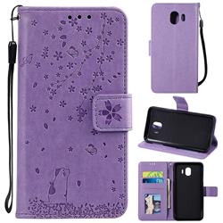 Embossing Cherry Blossom Cat Leather Wallet Case for Samsung Galaxy J4 (2018) SM-J400F - Purple