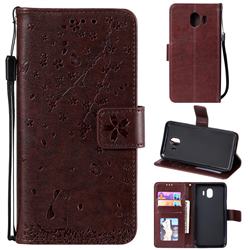 Embossing Cherry Blossom Cat Leather Wallet Case for Samsung Galaxy J4 (2018) SM-J400F - Brown