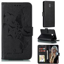 Intricate Embossing Lychee Feather Bird Leather Wallet Case for Samsung Galaxy J4 (2018) SM-J400F - Black