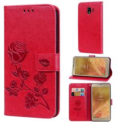 Embossing Rose Flower Leather Wallet Case for Samsung Galaxy J4 (2018) SM-J400F - Red