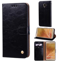 Luxury Retro Oil Wax PU Leather Wallet Phone Case for Samsung Galaxy J4 (2018) SM-J400F - Deep Black