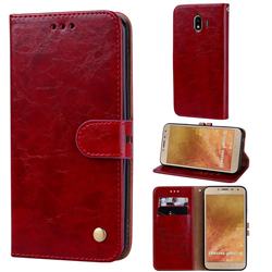 Luxury Retro Oil Wax PU Leather Wallet Phone Case for Samsung Galaxy J4 (2018) SM-J400F - Brown Red