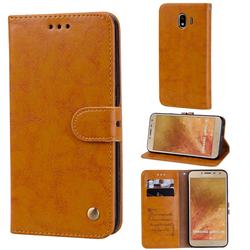 Luxury Retro Oil Wax PU Leather Wallet Phone Case for Samsung Galaxy J4 (2018) SM-J400F - Orange Yellow