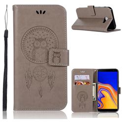 Intricate Embossing Owl Campanula Leather Wallet Case for Samsung Galaxy J4 Plus(6.0 inch) - Grey