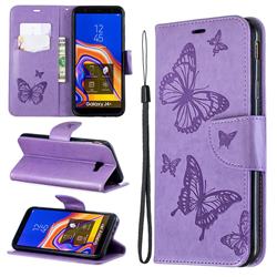 Embossing Double Butterfly Leather Wallet Case for Samsung Galaxy J4 Plus(6.0 inch) - Purple