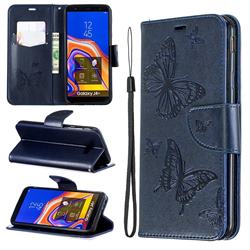 Embossing Double Butterfly Leather Wallet Case for Samsung Galaxy J4 Plus(6.0 inch) - Dark Blue