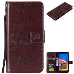 Embossing Owl Couple Flower Leather Wallet Case for Samsung Galaxy J4 Plus(6.0 inch) - Brown