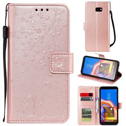 Embossing Cherry Blossom Cat Leather Wallet Case for Samsung Galaxy J4 Plus(6.0 inch) - Rose Gold