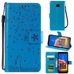 Embossing Cherry Blossom Cat Leather Wallet Case for Samsung Galaxy J4 Plus(6.0 inch) - Blue