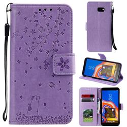 Embossing Cherry Blossom Cat Leather Wallet Case for Samsung Galaxy J4 Plus(6.0 inch) - Purple