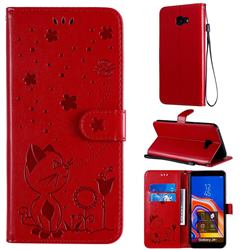 Embossing Bee and Cat Leather Wallet Case for Samsung Galaxy J4 Plus(6.0 inch) - Red