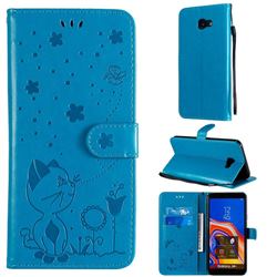 Embossing Bee and Cat Leather Wallet Case for Samsung Galaxy J4 Plus(6.0 inch) - Blue