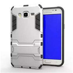 Armor Premium Tactical Grip Kickstand Shockproof Dual Layer Rugged Hard Cover for Samsung Galaxy J5 2015 J500 - Silver