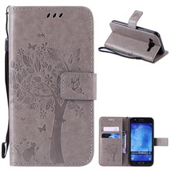 Embossing Butterfly Tree Leather Wallet Case for Samsung Galaxy J5 2015 - Grey