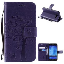 Embossing Butterfly Tree Leather Wallet Case for Samsung Galaxy J5 2015 - Purple
