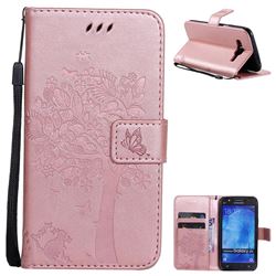 Embossing Butterfly Tree Leather Wallet Case for Samsung Galaxy J5 2015 J500 - Rose Pink