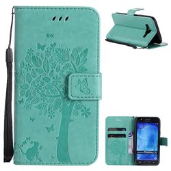 Embossing Butterfly Tree Leather Wallet Case for Samsung Galaxy J5 2015 J500 - Cyan