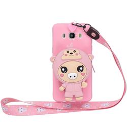 Pink Pig Neck Lanyard Zipper Wallet Silicone Case for Samsung Galaxy J5 2016 J510