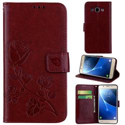 Embossing Rose Flower Leather Wallet Case for Samsung Galaxy J5 2016 J510 - Brown