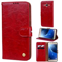 Luxury Retro Oil Wax PU Leather Wallet Phone Case for Samsung Galaxy J5 2016 J510 - Brown Red