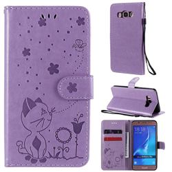 Embossing Bee and Cat Leather Wallet Case for Samsung Galaxy J5 2016 J510 - Purple