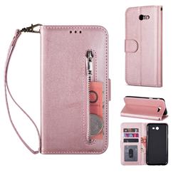 Retro Calfskin Zipper Leather Wallet Case Cover for Samsung Galaxy J5 2017 US Edition - Rose Gold