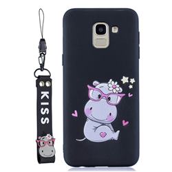 Black Flower Hippo Soft Kiss Candy Hand Strap Silicone Case for Samsung Galaxy J6 (2018) SM-J600F