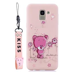 Pink Flower Bear Soft Kiss Candy Hand Strap Silicone Case for Samsung Galaxy J6 (2018) SM-J600F