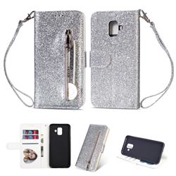 Glitter Shine Leather Zipper Wallet Phone Case for Samsung Galaxy J6 (2018) SM-J600F - Silver
