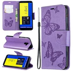 Embossing Double Butterfly Leather Wallet Case for Samsung Galaxy J6 (2018) SM-J600F - Purple