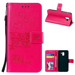 Embossing Owl Couple Flower Leather Wallet Case for Samsung Galaxy J6 (2018) SM-J600F - Red