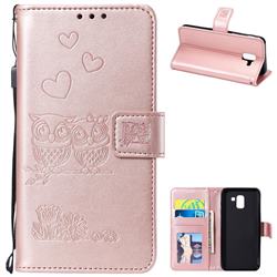 Embossing Owl Couple Flower Leather Wallet Case for Samsung Galaxy J6 (2018) SM-J600F - Rose Gold