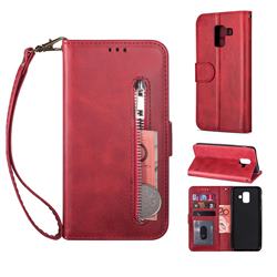 Retro Calfskin Zipper Leather Wallet Case Cover for Samsung Galaxy J6 (2018) SM-J600F - Red