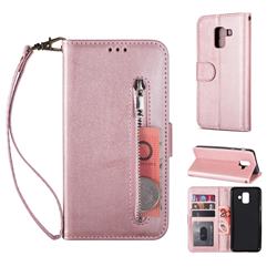 Retro Calfskin Zipper Leather Wallet Case Cover for Samsung Galaxy J6 (2018) SM-J600F - Rose Gold
