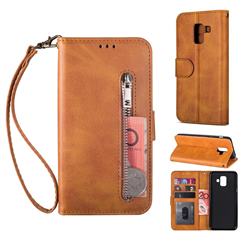 Retro Calfskin Zipper Leather Wallet Case Cover for Samsung Galaxy J6 (2018) SM-J600F - Brown