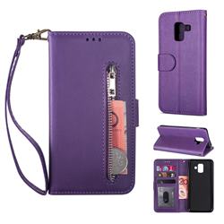 Retro Calfskin Zipper Leather Wallet Case Cover for Samsung Galaxy J6 (2018) SM-J600F - Purple