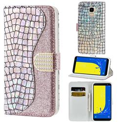 Glitter Diamond Buckle Laser Stitching Leather Wallet Phone Case for Samsung Galaxy J6 (2018) SM-J600F - Pink