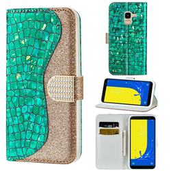Glitter Diamond Buckle Laser Stitching Leather Wallet Phone Case for Samsung Galaxy J6 (2018) SM-J600F - Green