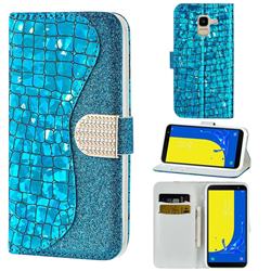 Glitter Diamond Buckle Laser Stitching Leather Wallet Phone Case for Samsung Galaxy J6 (2018) SM-J600F - Blue