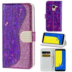 Glitter Diamond Buckle Laser Stitching Leather Wallet Phone Case for Samsung Galaxy J6 (2018) SM-J600F - Purple